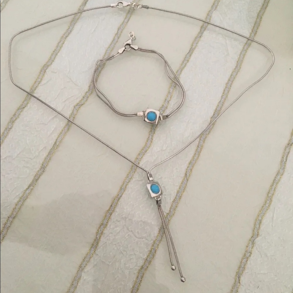 silver turquoise Lariat Necklace And Braclet